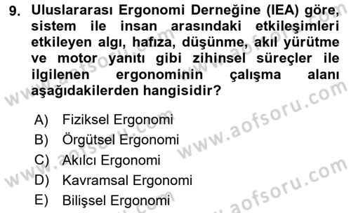 İş Hijyeni ve Ergonomi Dersi 2023 - 2024 Yılı Yaz Okulu Sınav Soruları 9. Soru