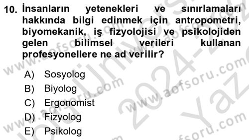 İş Hijyeni ve Ergonomi Dersi 2024 - 2025 Yılı Yaz Okulu Sınav Soruları 10. Soru