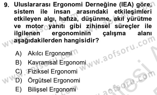 İş Hijyeni ve Ergonomi Dersi 2024 - 2025 Yılı Yaz Okulu Sınav Soruları 9. Soru