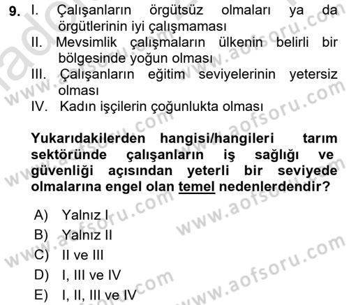 Sektörel İş Sağlığı ve Güvenliği Dersi 2022 - 2023 Yılı Yaz Okulu Sınav Soruları 9. Soru