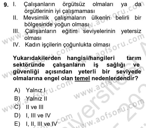 Sektörel İş Sağlığı ve Güvenliği Dersi 2023 - 2024 Yılı (Vize) Ara Sınav Soruları 9. Soru