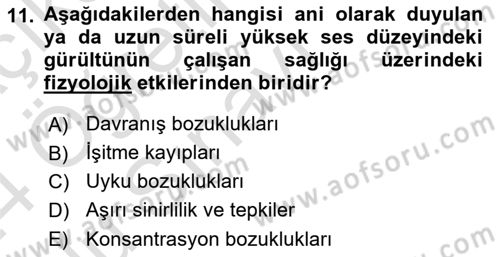 İş Sağlığı ve Güvenliği Donanımları ve Ölçme Teknikleri Dersi 2023 - 2024 Yılı Yaz Okulu Sınav Soruları 11. Soru