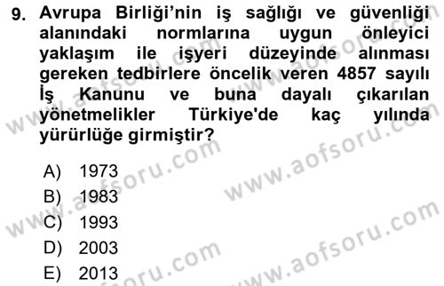 İş Sağlığı ve Güvenliği Donanımları ve Ölçme Teknikleri Dersi 2023 - 2024 Yılı Yaz Okulu Sınav Soruları 9. Soru