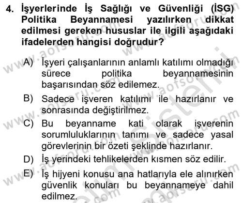 İş Sağlığı ve Güvenliği Donanımları ve Ölçme Teknikleri Dersi 2024 - 2025 Yılı (Vize) Ara Sınav Soruları 4. Soru