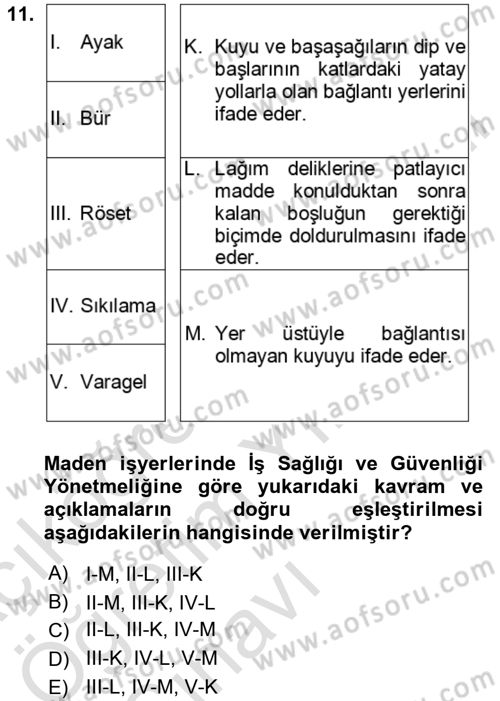 Maden, Metal ve İnşaat Sektörlerinde İş Sağlığı ve Güvenliği Dersi 2020 - 2021 Yılı Yaz Okulu Sınav Soruları 11. Soru