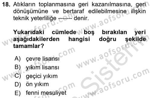 Maden, Metal ve İnşaat Sektörlerinde İş Sağlığı ve Güvenliği Dersi 2020 - 2021 Yılı Yaz Okulu Sınav Soruları 18. Soru
