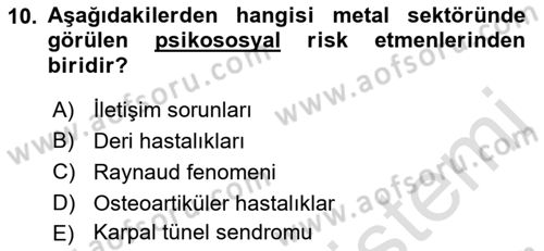 Maden, Metal ve İnşaat Sektörlerinde İş Sağlığı ve Güvenliği Dersi 2021 - 2022 Yılı (Final) Dönem Sonu Sınav Soruları 10. Soru
