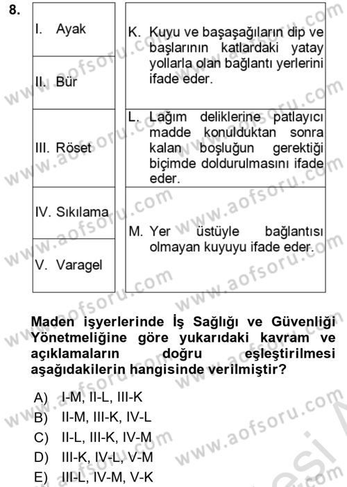 Maden, Metal ve İnşaat Sektörlerinde İş Sağlığı ve Güvenliği Dersi 2021 - 2022 Yılı (Final) Dönem Sonu Sınav Soruları 8. Soru
