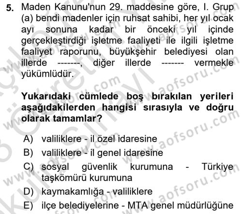 Maden, Metal ve İnşaat Sektörlerinde İş Sağlığı ve Güvenliği Dersi 2022 - 2023 Yılı Yaz Okulu Sınav Soruları 5. Soru
