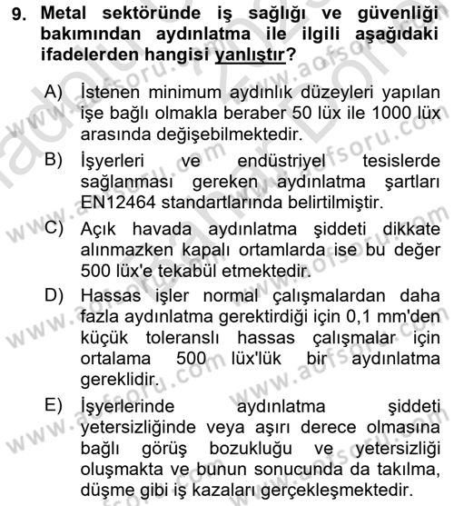 Maden, Metal ve İnşaat Sektörlerinde İş Sağlığı ve Güvenliği Dersi 2023 - 2024 Yılı (Final) Dönem Sonu Sınav Soruları 9. Soru