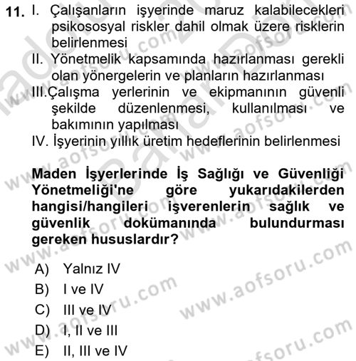 Maden, Metal ve İnşaat Sektörlerinde İş Sağlığı ve Güvenliği Dersi 2024 - 2025 Yılı (Final) Dönem Sonu Sınav Soruları 11. Soru