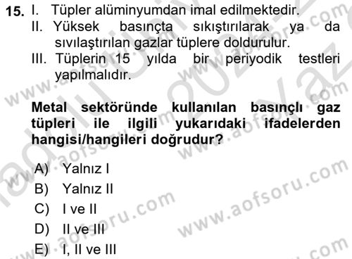 Maden, Metal ve İnşaat Sektörlerinde İş Sağlığı ve Güvenliği Dersi 2024 - 2025 Yılı Yaz Okulu Sınav Soruları 15. Soru
