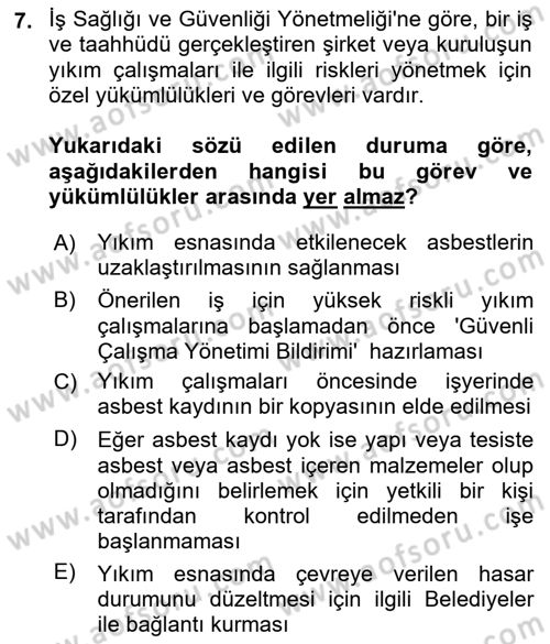 Maden, Metal ve İnşaat Sektörlerinde İş Sağlığı ve Güvenliği Dersi 2024 - 2025 Yılı Yaz Okulu Sınav Soruları 7. Soru