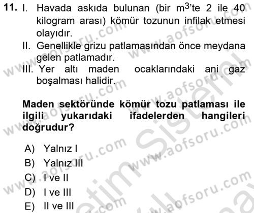 Maden, Metal ve İnşaat Sektörlerinde İş Sağlığı ve Güvenliği Dersi 2025 - 2026 Yılı (Final) Dönem Sonu Sınav Soruları 11. Soru