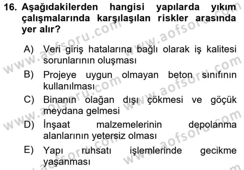 Maden, Metal ve İnşaat Sektörlerinde İş Sağlığı ve Güvenliği Dersi 2025 - 2026 Yılı Yaz Okulu Sınav Soruları 16. Soru