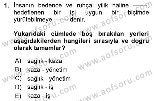 İş Sağlığı Yönetimi Dersi 2020 - 2021 Yılı Yaz Okulu Sınavı 1. Soru