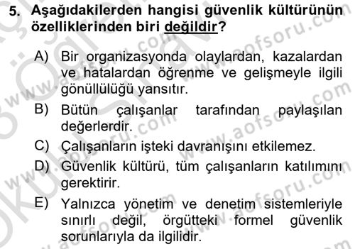 İş Sağlığı Yönetimi Dersi 2022 - 2023 Yılı Yaz Okulu Sınav Soruları 5. Soru