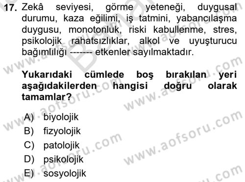 İş Sağlığı Yönetimi Dersi 2023 - 2024 Yılı (Final) Dönem Sonu Sınav Soruları 17. Soru