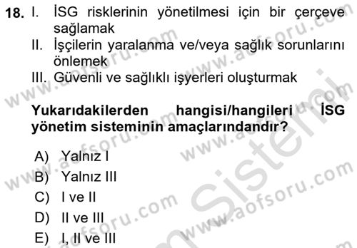 İş Sağlığı Yönetimi Dersi 2023 - 2024 Yılı (Final) Dönem Sonu Sınav Soruları 18. Soru