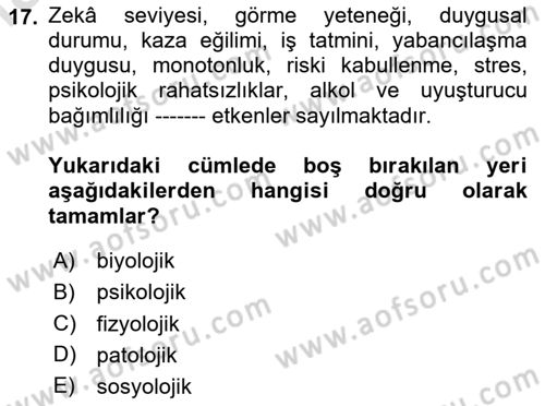 İş Sağlığı Yönetimi Dersi 2024 - 2025 Yılı Yaz Okulu Sınav Soruları 17. Soru