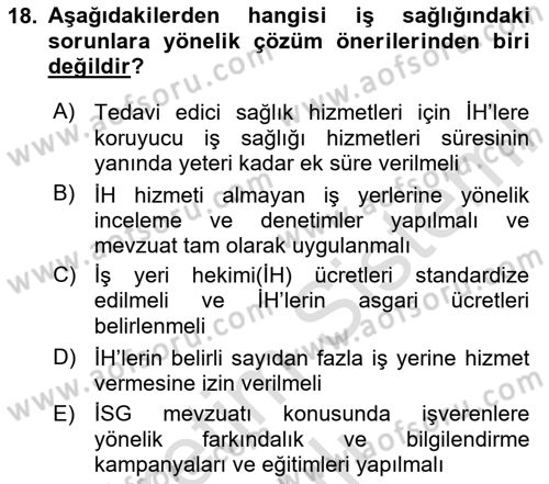 İş Sağlığı Yönetimi Dersi 2024 - 2025 Yılı Yaz Okulu Sınav Soruları 18. Soru