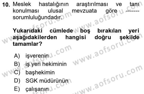 İş Sağlığı Yönetimi Dersi 2025 - 2026 Yılı (Vize) Ara Sınav Soruları 10. Soru