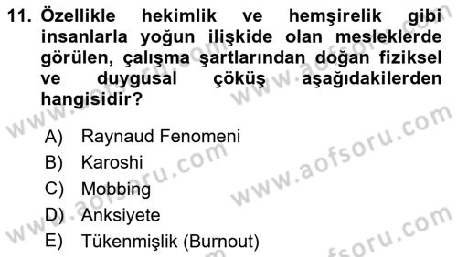İş Sağlığı Yönetimi Dersi 2025 - 2026 Yılı Yaz Okulu Sınav Soruları 11. Soru