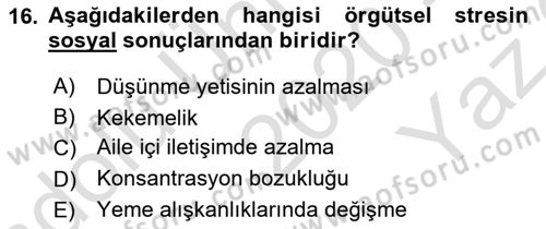 İş Yaşaminda Risk Etmenleri Ve Yönetimsel Faktörler Dersi 2020 - 2021 Yılı Yaz Okulu Sınav Soruları 16. Soru