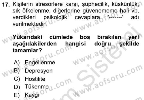 İş Yaşaminda Risk Etmenleri Ve Yönetimsel Faktörler Dersi 2021 - 2022 Yılı Yaz Okulu Sınav Soruları 17. Soru