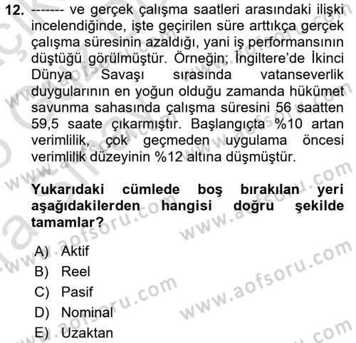 İş Yaşaminda Risk Etmenleri Ve Yönetimsel Faktörler Dersi Ara Sınavı Deneme Sınav Soruları 12. Soru