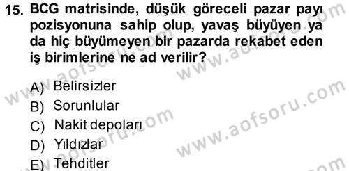 Stratejik Yönetim Dersi 2013 - 2014 Yılı (Final) Dönem Sonu Sınav Soruları 15. Soru