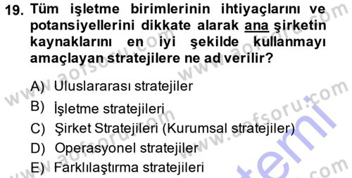 Stratejik Yönetim Dersi 2014 - 2015 Yılı (Vize) Ara Sınav Soruları 19. Soru