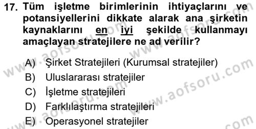 Stratejik Yönetim Dersi 2016 - 2017 Yılı (Vize) Ara Sınav Soruları 17. Soru