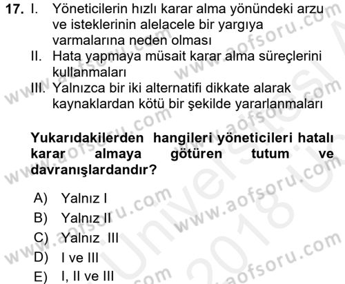Stratejik Yönetim Dersi 2017 - 2018 Yılı 3 Ders Sınav Soruları 17. Soru