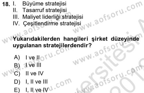 Stratejik Yönetim Dersi 2017 - 2018 Yılı (Vize) Ara Sınav Soruları 18. Soru