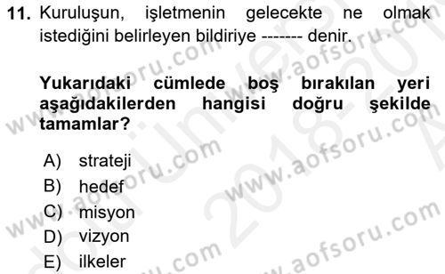 Stratejik Yönetim Dersi 2018 - 2019 Yılı (Vize) Ara Sınav Soruları 11. Soru