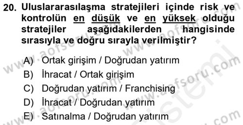 Stratejik Yönetim Dersi 2018 - 2019 Yılı (Vize) Ara Sınav Soruları 20. Soru