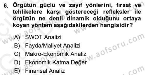 Stratejik Yönetim Dersi 2018 - 2019 Yılı (Vize) Ara Sınav Soruları 6. Soru