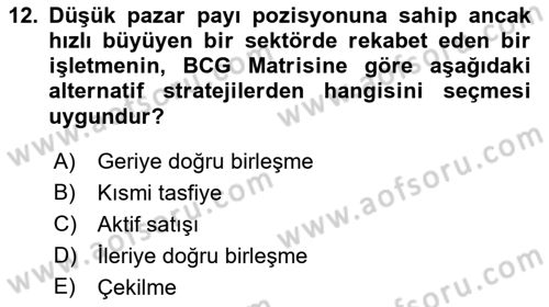 Stratejik Yönetim Dersi 2018 - 2019 Yılı (Final) Dönem Sonu Sınav Soruları 12. Soru