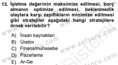 Stratejik Yönetim Dersi 2018 - 2019 Yılı (Final) Dönem Sonu Sınav Soruları 13. Soru