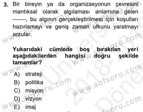 Stratejik Yönetim Dersi 2018 - 2019 Yılı (Final) Dönem Sonu Sınav Soruları 3. Soru