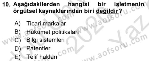 Stratejik Yönetim Dersi 2020 - 2021 Yılı Yaz Okulu Sınav Soruları 10. Soru