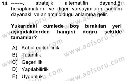 Stratejik Yönetim Dersi 2020 - 2021 Yılı Yaz Okulu Sınav Soruları 14. Soru