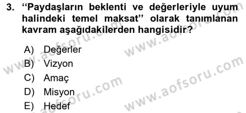 Stratejik Yönetim Dersi 2020 - 2021 Yılı Yaz Okulu Sınav Soruları 3. Soru
