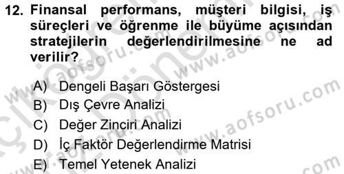 Stratejik Yönetim Dersi 2021 - 2022 Yılı (Vize) Ara Sınav Soruları 12. Soru