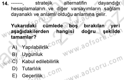 Stratejik Yönetim Dersi 2021 - 2022 Yılı Yaz Okulu Sınav Soruları 14. Soru