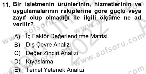 Stratejik Yönetim Dersi 2022 - 2023 Yılı (Vize) Ara Sınav Soruları 11. Soru