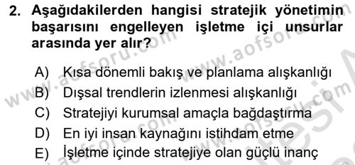 Stratejik Yönetim Dersi 2022 - 2023 Yılı (Final) Dönem Sonu Sınav Soruları 2. Soru