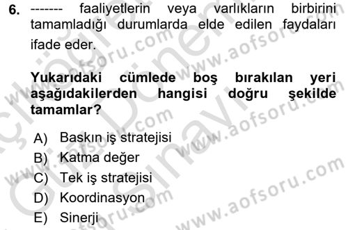 Stratejik Yönetim Dersi 2023 - 2024 Yılı (Final) Dönem Sonu Sınav Soruları 6. Soru