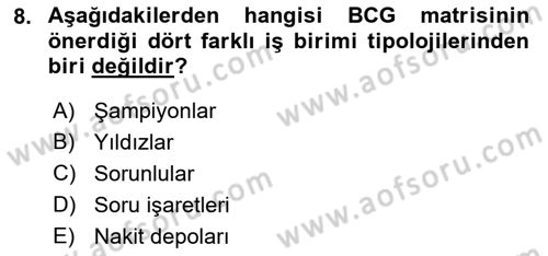 Stratejik Yönetim Dersi 2023 - 2024 Yılı (Final) Dönem Sonu Sınav Soruları 8. Soru